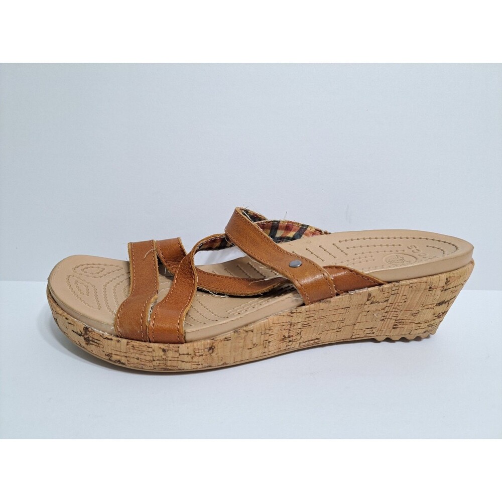Crocs A-leigh Women's 9 Wedge Sandals Brown Leather Cork Strappy - Picture 2 of 10